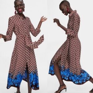 Zara Maxi Geometric Print Maxi Shirtdress in Brown & Blue • XS